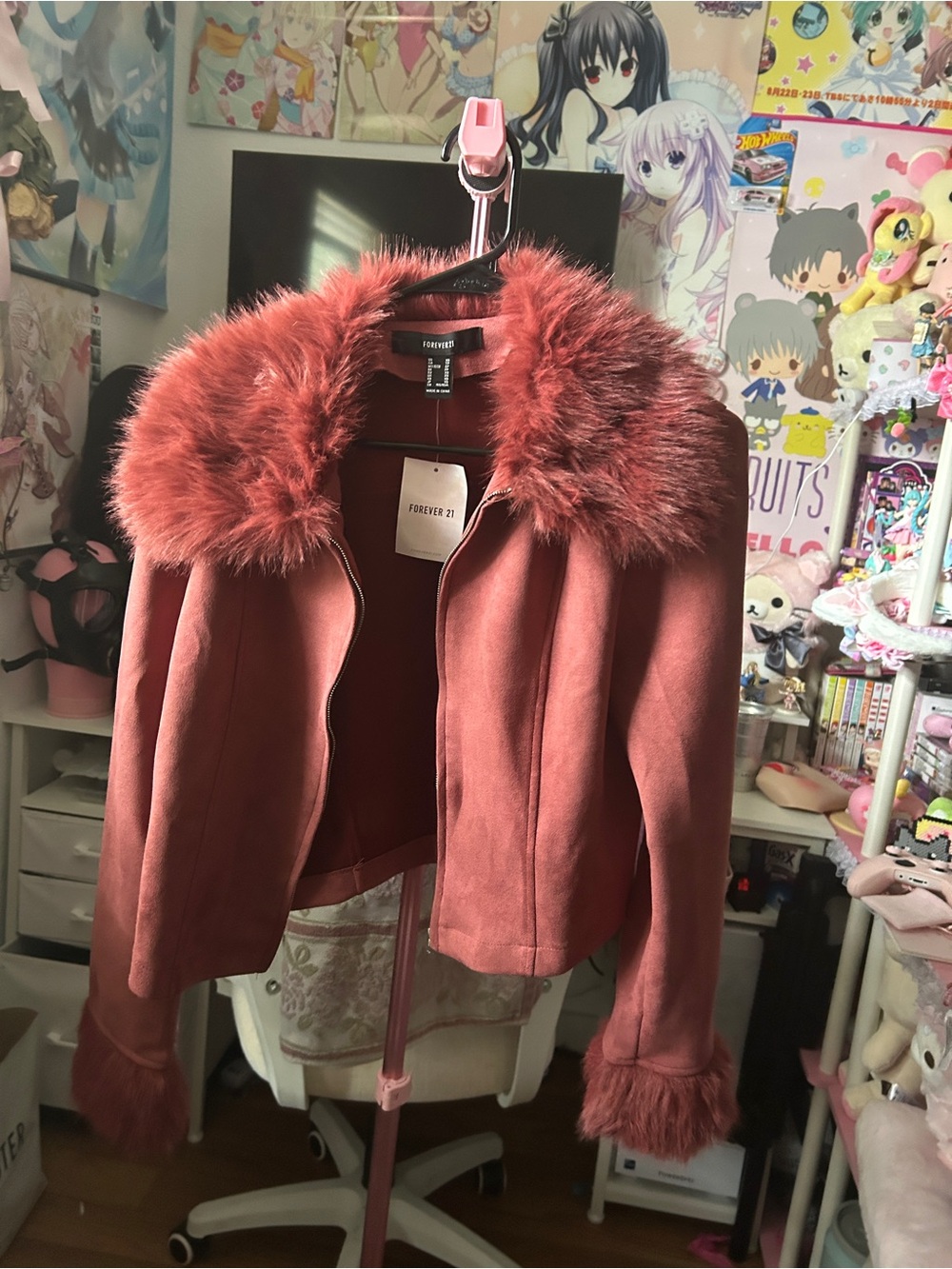 Forever 21 Rose Dust Faux Suede Jacket with Faux Fur Trim